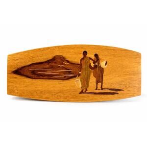 Vintage Wood Marquetry Wall Plaque Women Carrying Water Scene Inlay Art 11.5”